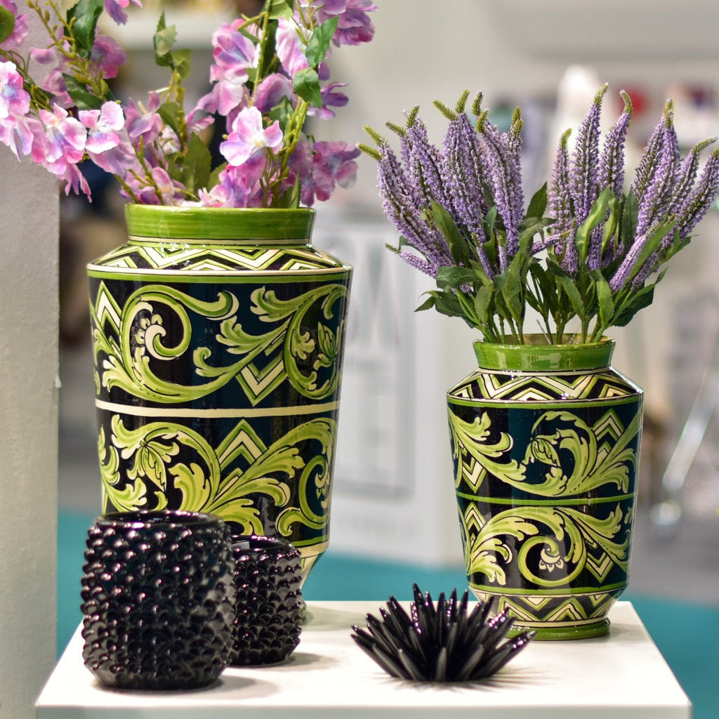 Vaso, Linea Parigi, Nero e Verde, fiori. Ceramiche Sofia, Caltagirone