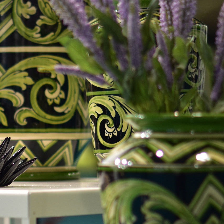 Vaso, Linea Parigi, Nero e Verde, fiori. Ceramiche Sofia, Caltagirone