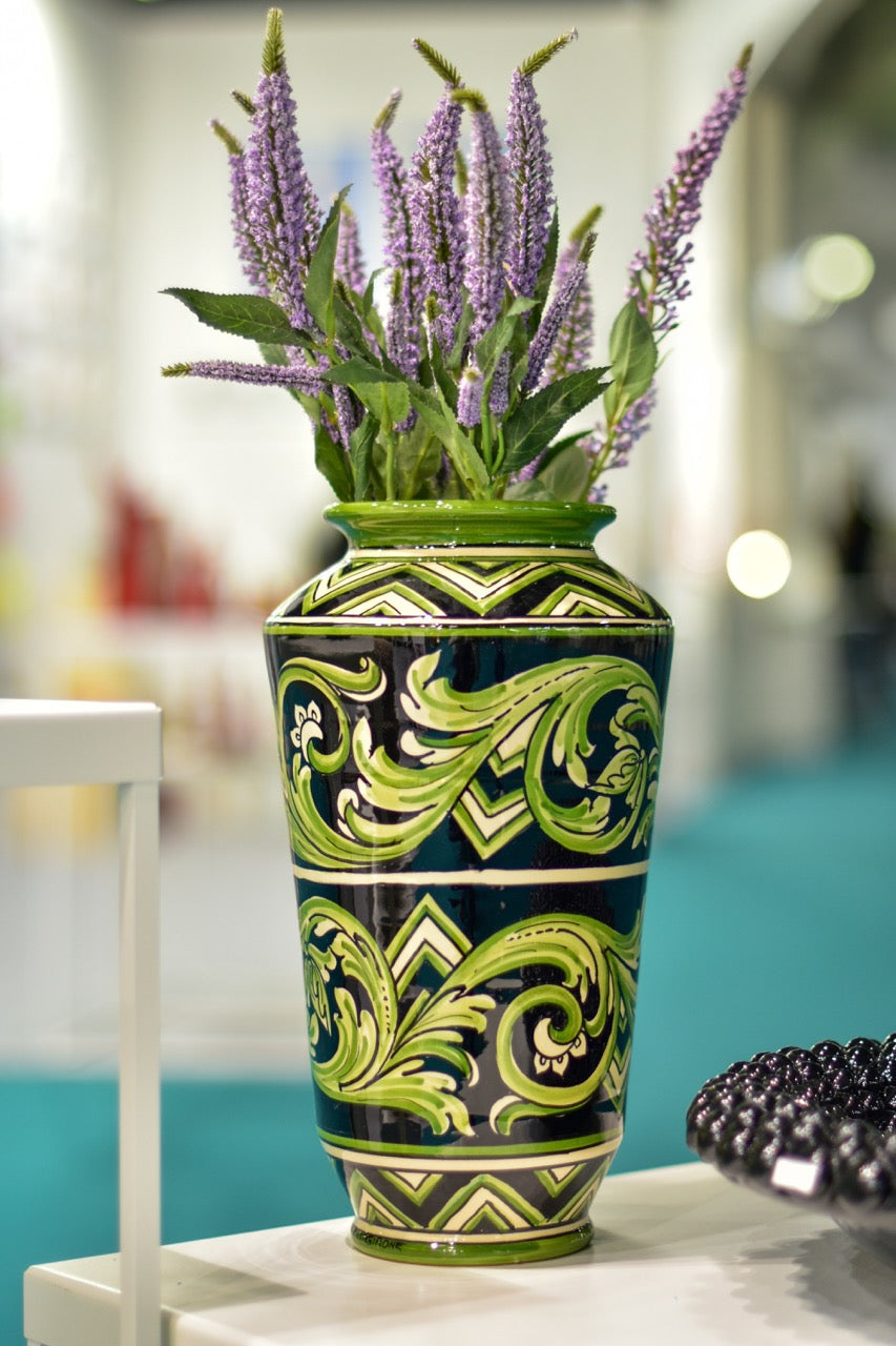 Vaso, Linea Parigi, Nero e Verde, fiori. Ceramiche Sofia, Caltagirone