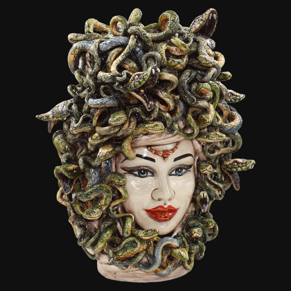 Testa Medusa, Madreperla Antichizzato, chioma di serpenti, mito greco. Ceramica siciliana di Caltagirone, Sofia