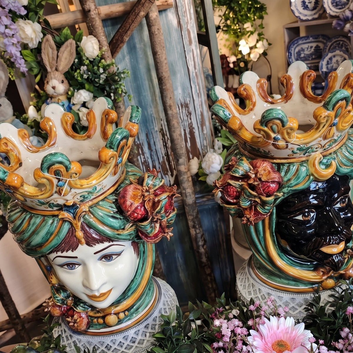Testa di Moro con Melograni, Maschio Moro, Verde e Arancio. Ceramiche Sofia, Caltagirone