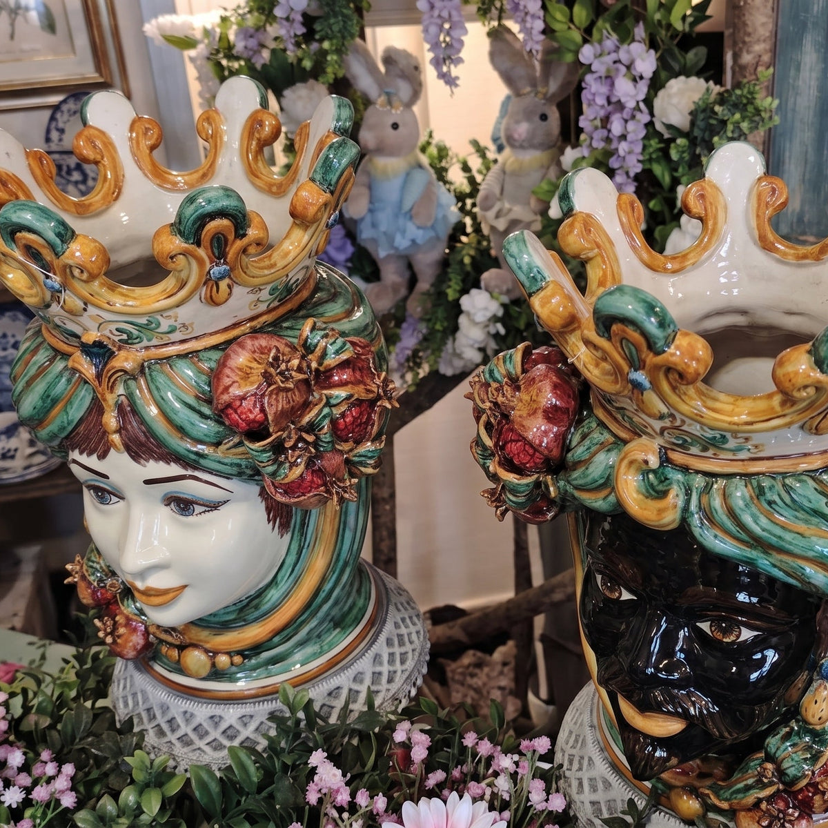 Testa di Moro con Melograni, Maschio Moro, Verde e Arancio. Ceramiche Sofia, Caltagirone