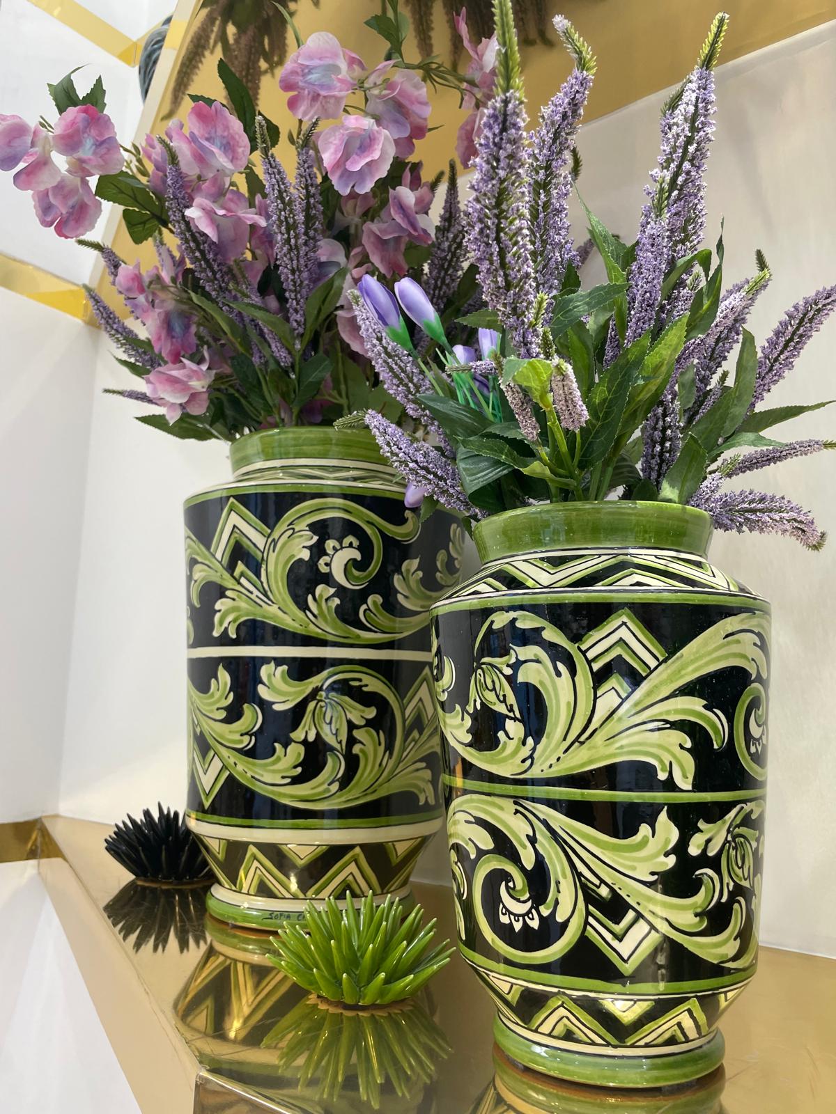 Vaso, Linea Parigi, Nero e Verde, fiori. Ceramiche Sofia, Caltagirone
