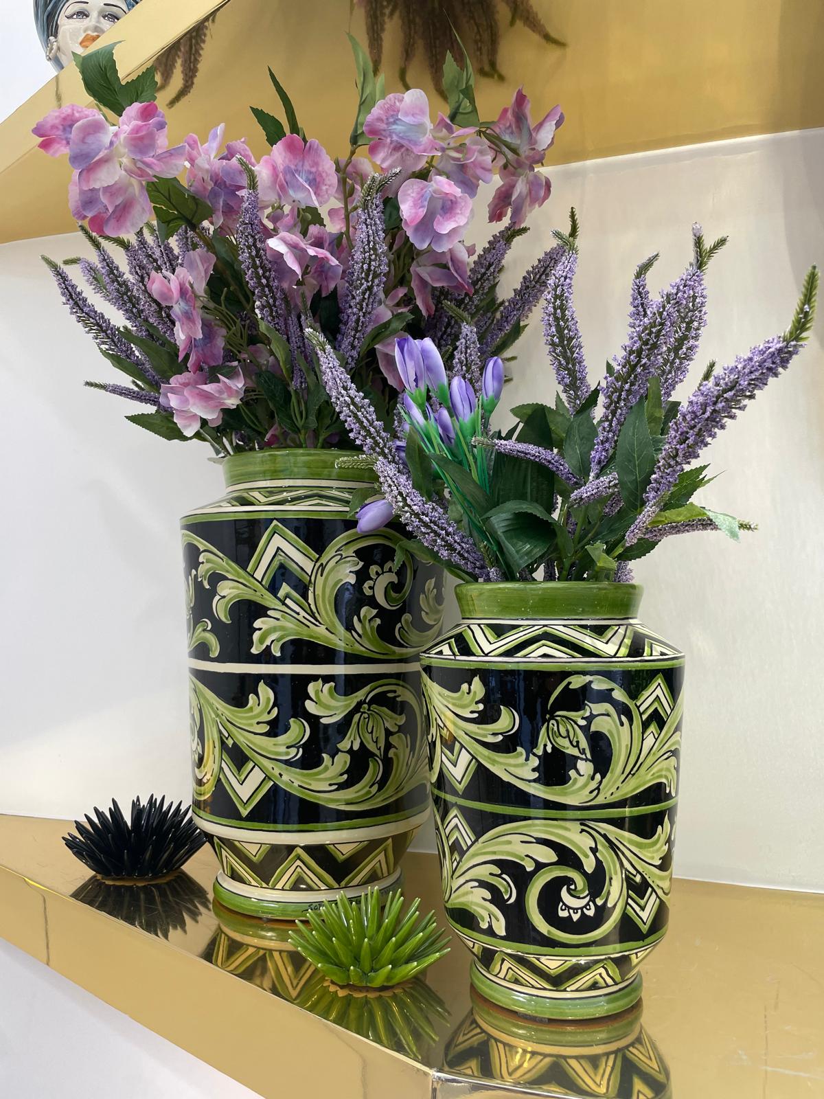Vaso, Linea Parigi, Nero e Verde, fiori. Ceramiche Sofia, Caltagirone