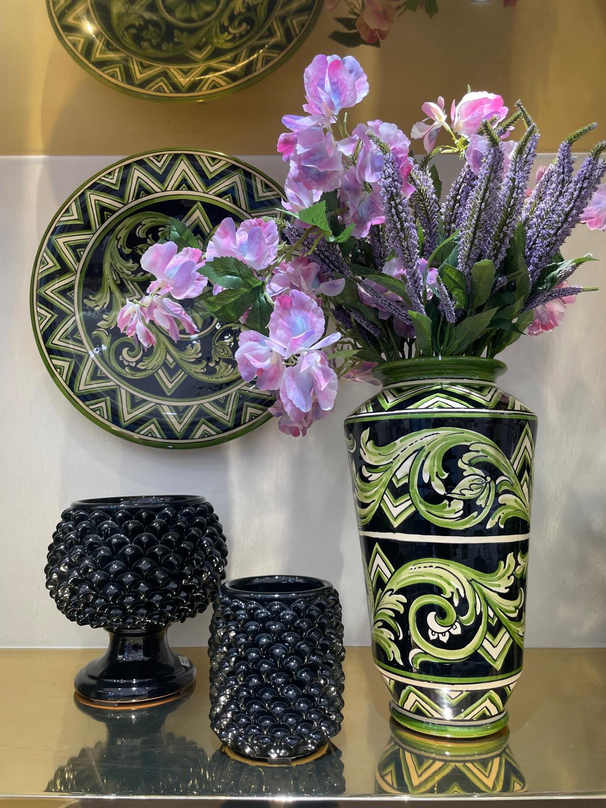 Vaso, Linea Parigi, Nero e Verde, fiori. Ceramiche Sofia, Caltagirone