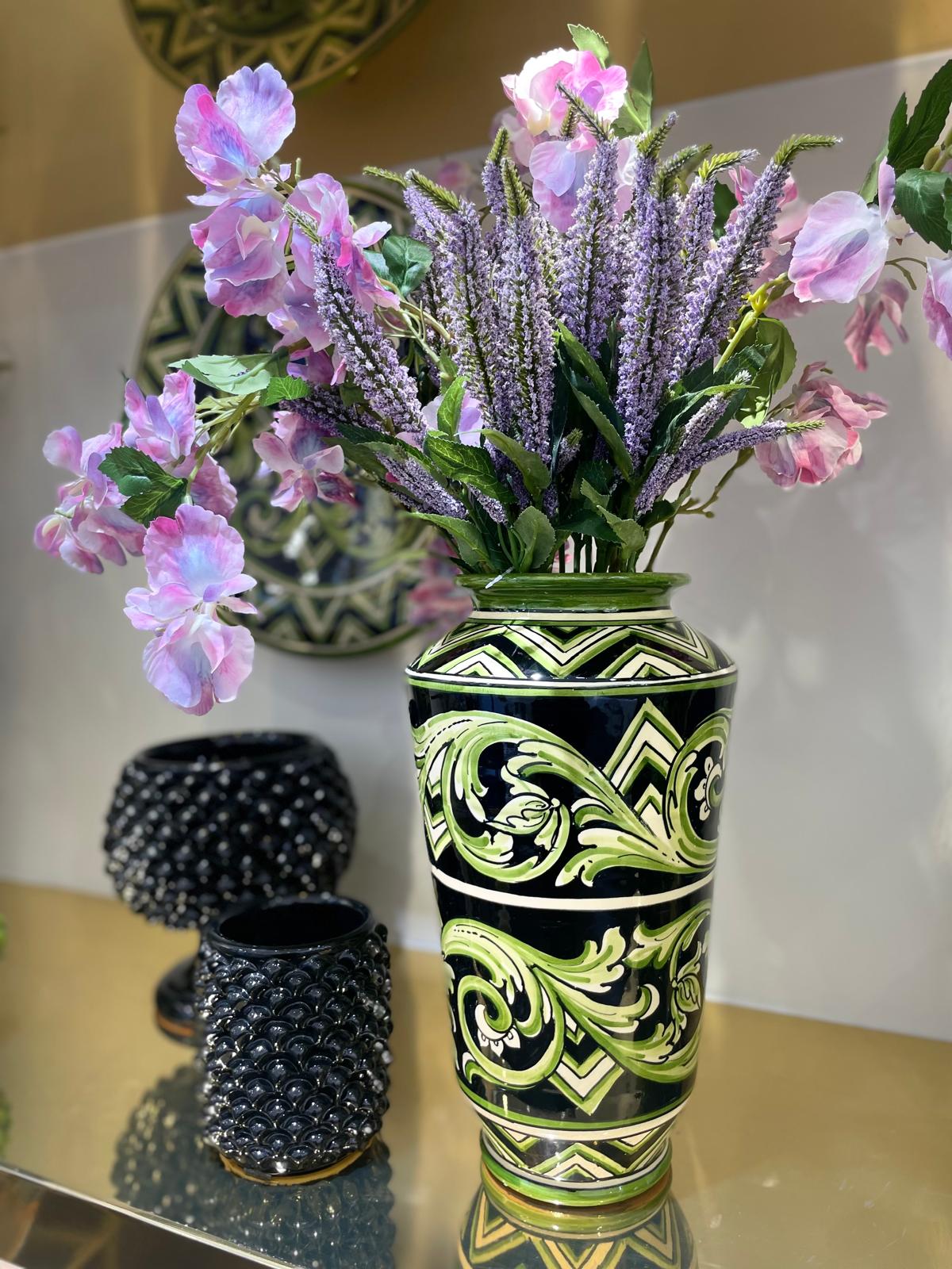 Vaso, Linea Parigi, Nero e Verde, fiori. Ceramiche Sofia, Caltagirone
