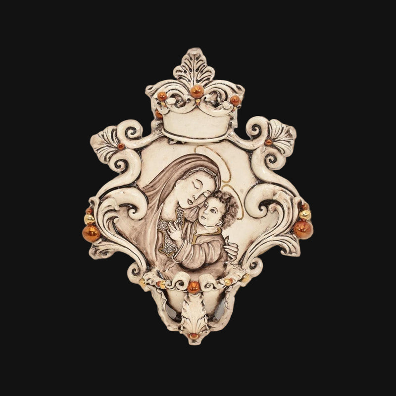 Acquasantiera Grande in Ceramica di Caltagirone 25×35 cm - Madonna Maria con Gesù, Madreperla Antichizzato