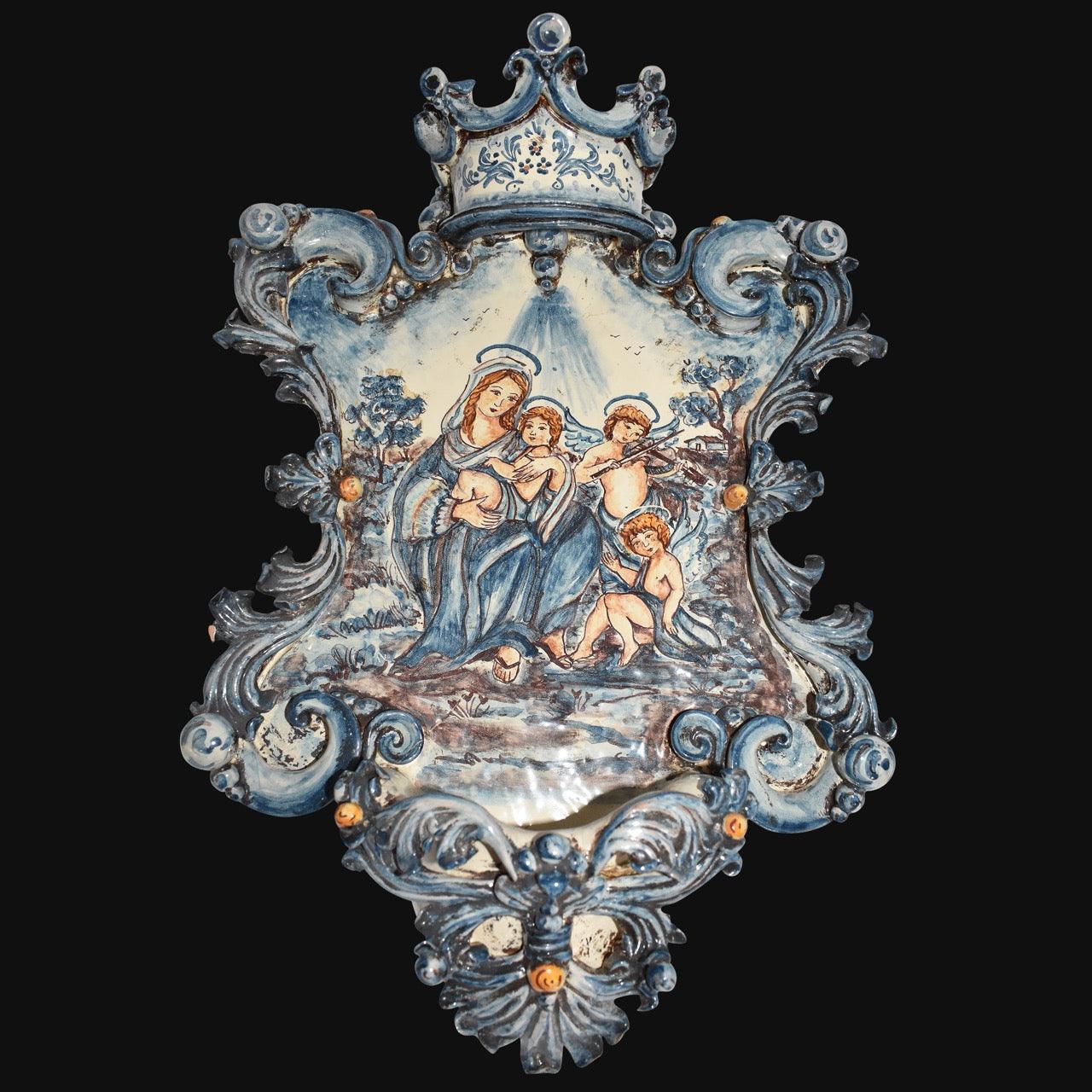Acquasantiera Maxi Rettangolare, Angeli Musici, Mono Blu, Madonna e Bambino, decoro barocco. Ceramiche Sofia, Caltagirone