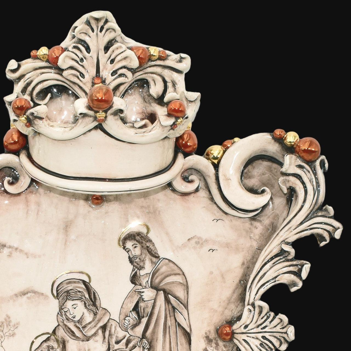 Acquasantiera Maxi Rettangolare, Natività con Angeli, Madreperla, presepe, decoro sacro. Ceramiche Sofia, Caltagirone