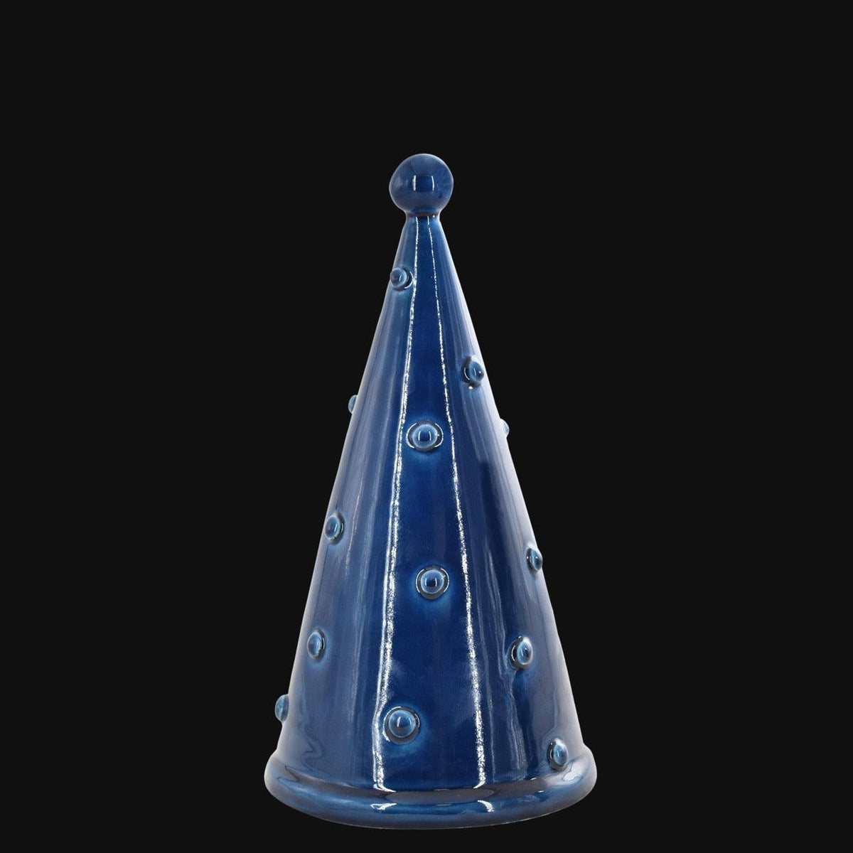 Albero di Natale Cono, Linea Moderna, Diverse Colorazioni, forma conica blu con decori a bolle. Ceramiche Sofia, Caltagirone