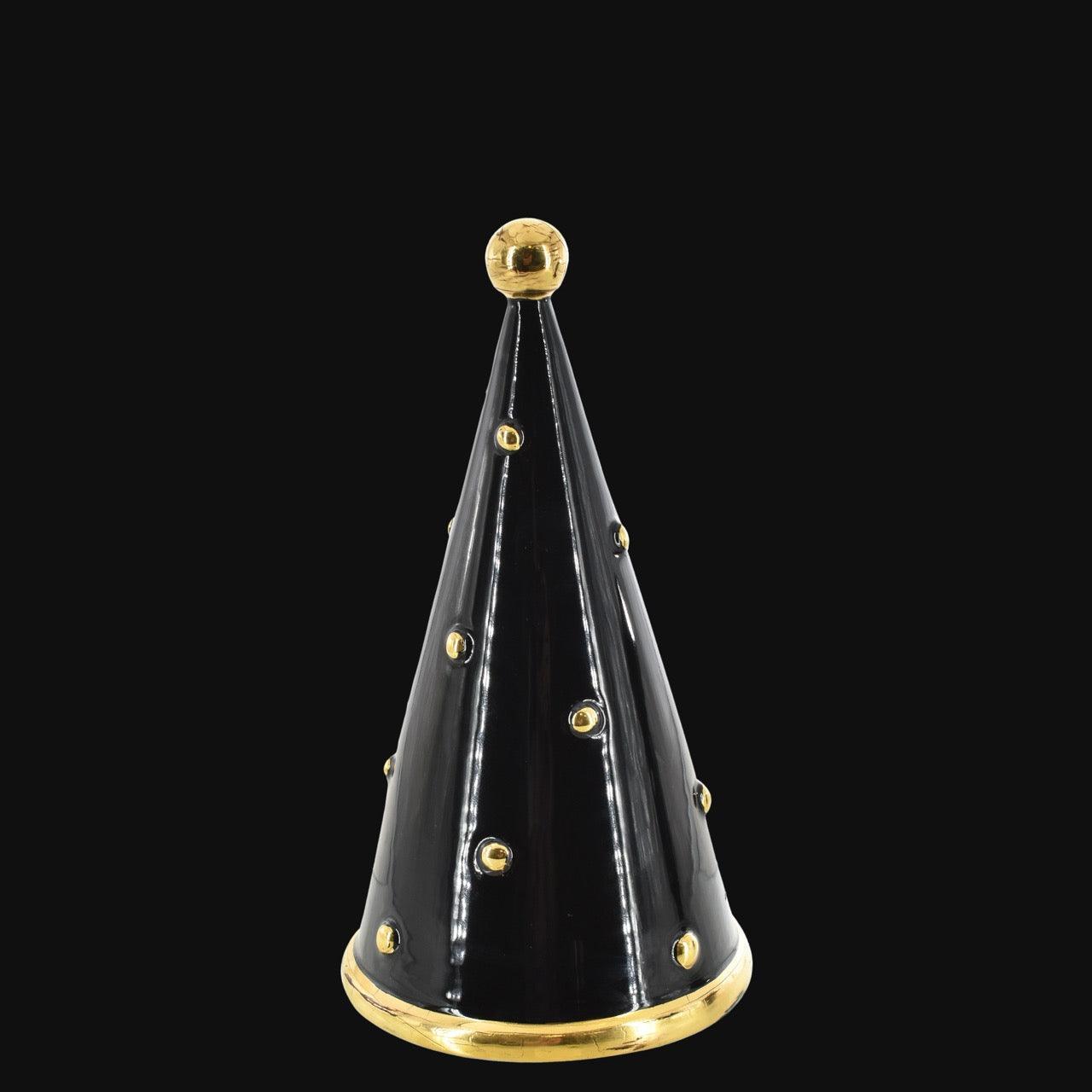 Albero di Natale Cono, Linea Moderna, Diverse Colorazioni, cono nero con dettagli dorati. Ceramiche Sofia, Caltagirone