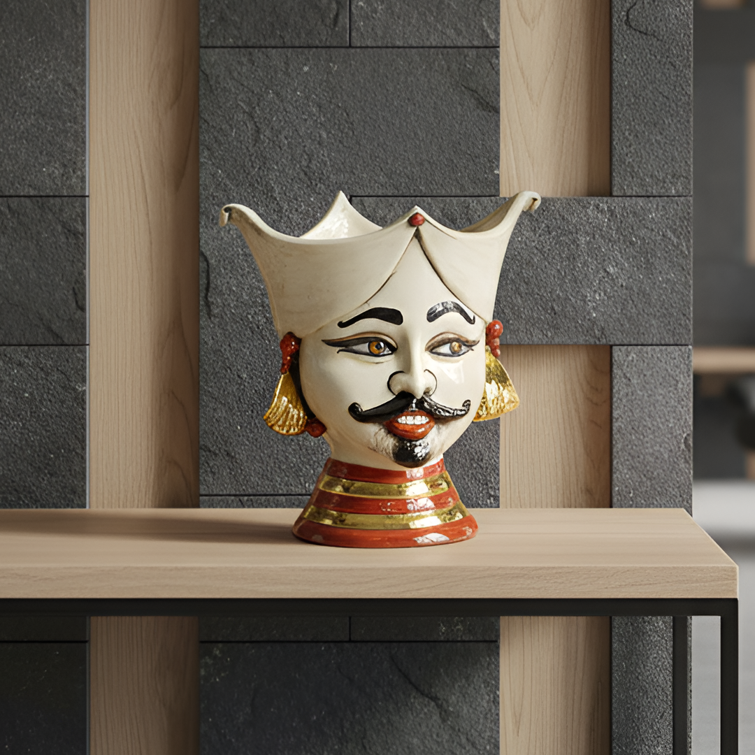 Testa di Moro Aisha, Maschio, Madreperla Antichizzato Oro e Lustri, volto, oro zecchino. Ceramiche Sofia, Caltagirone