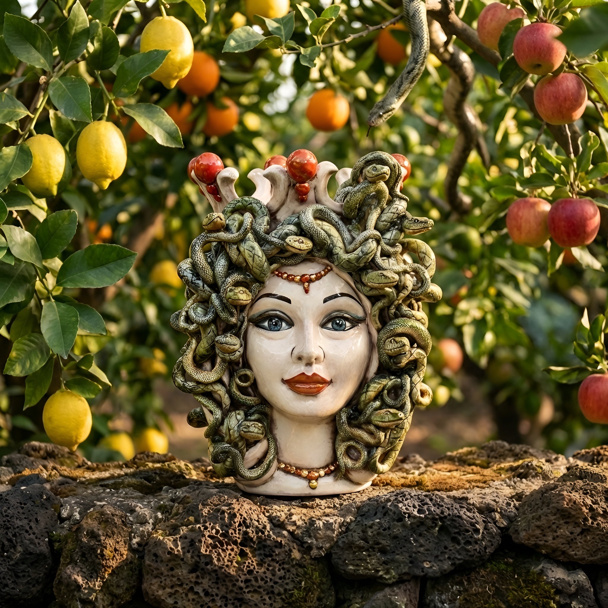 Testa Medusa, Madreperla, chioma di serpenti. Ceramiche Sofia, Caltagirone