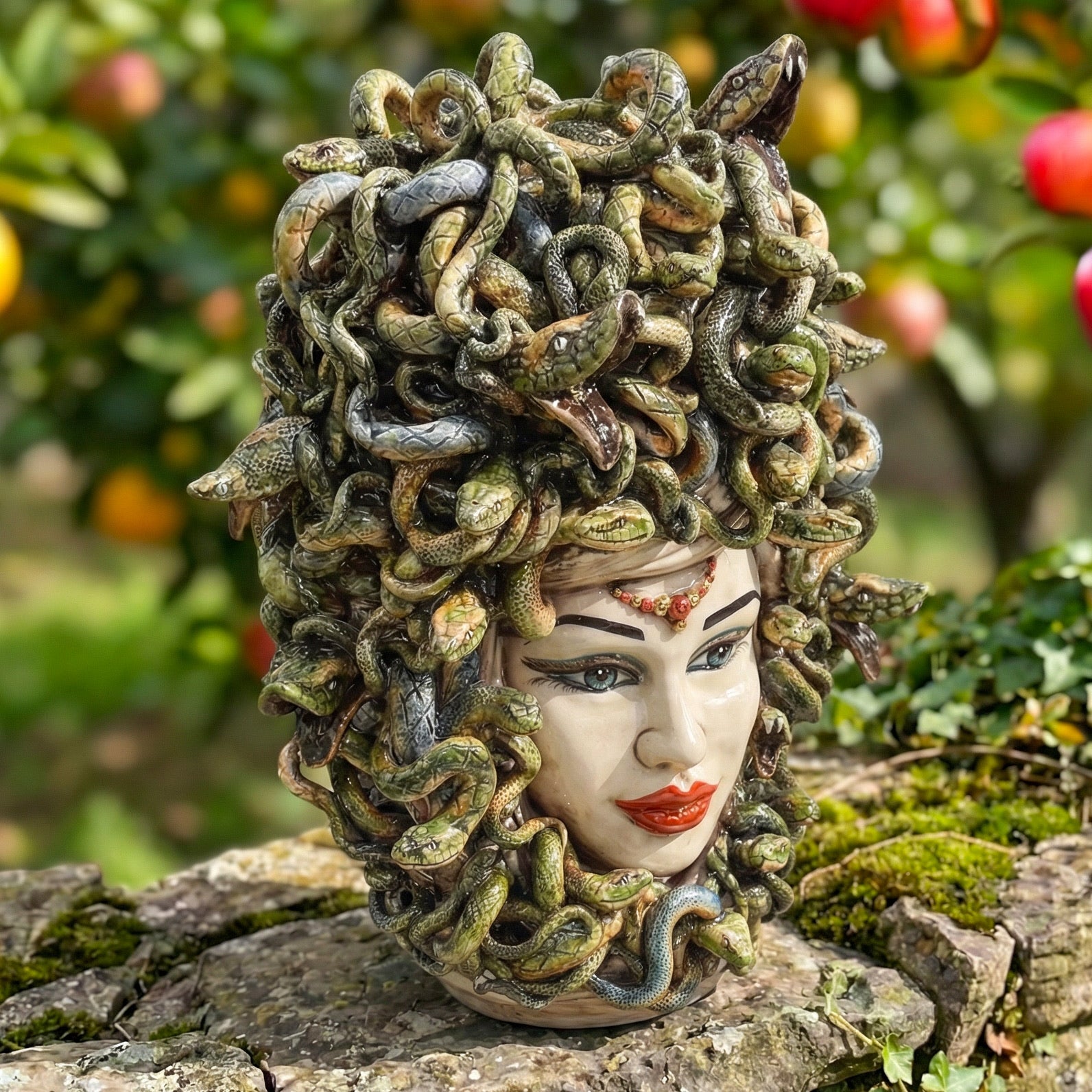 Testa Medusa, Madreperla Antichizzato, chioma di serpenti, mito greco. Ceramica siciliana di Caltagirone, Sofia