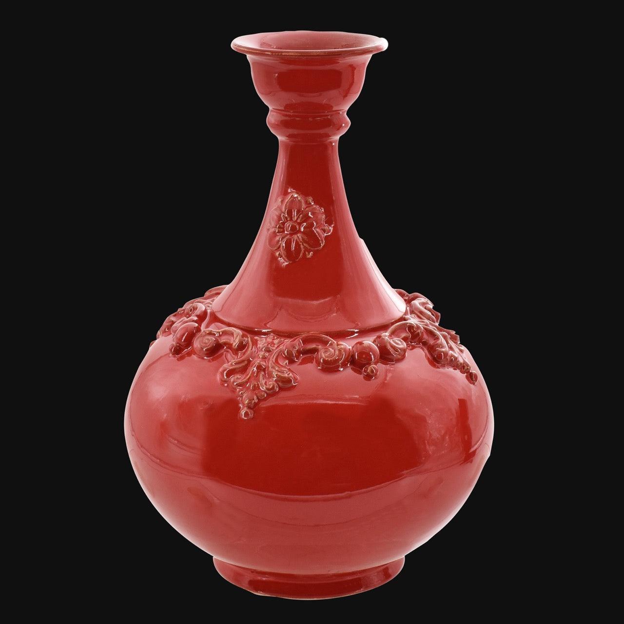 Bottiglia Decorativa, Plastico Sofia, Rosso Fuoco, decori floreali. Ceramica siciliana di Caltagirone