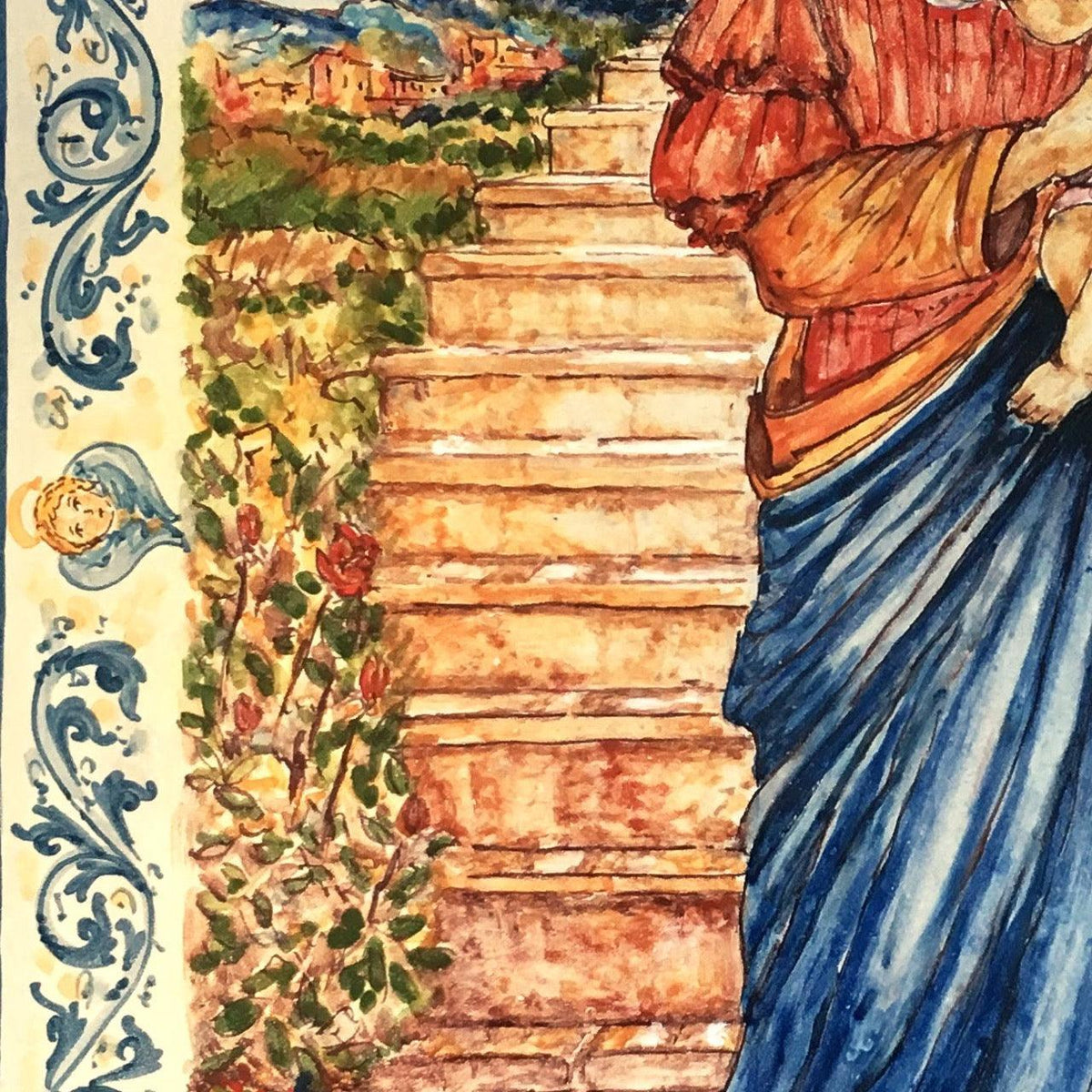 Capezzale in Pietra Lavica di Caltagirone, Madonna della Scala, rose e decori blu. Ceramiche Sofia, Caltagirone