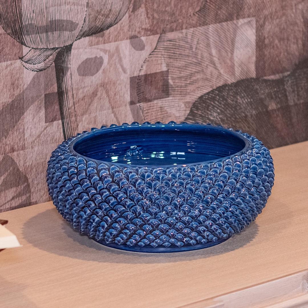 Vaso ceramica blu fatto a mano con motivo a scaglie, ceramiche Caltagirone artigianali