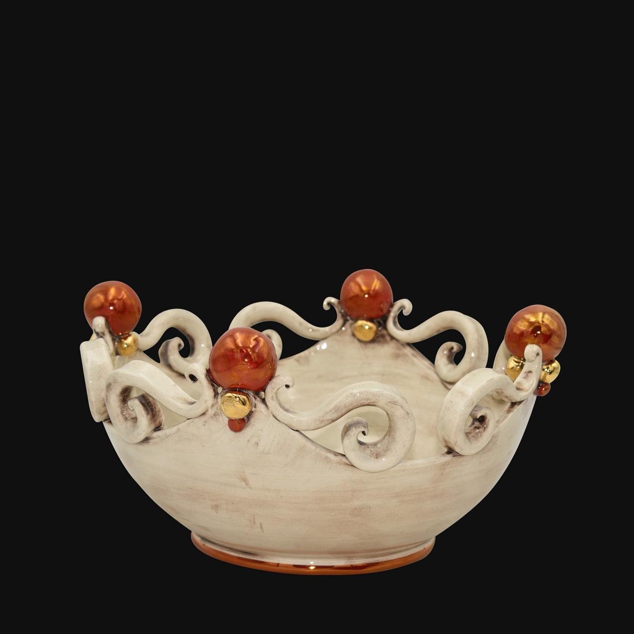 Centrotavola pallina Madreperla Oro e Lustri /, sfere arancioni e volute bianche. Ceramiche Sofia, Caltagirone
