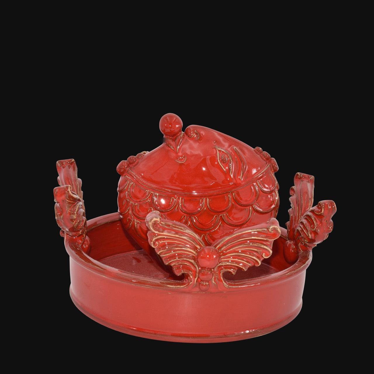Centrotavola Pesce, Plastico Sofia, Rosso Fuoco, dettagli decorativi e coperchio. Ceramica di Caltagirone