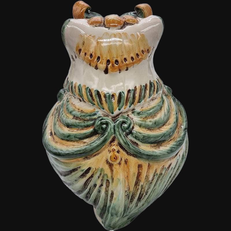 Gufo, Verde e Arancio, decorativo con motivi e ocra. Ceramiche Sofia, Caltagirone