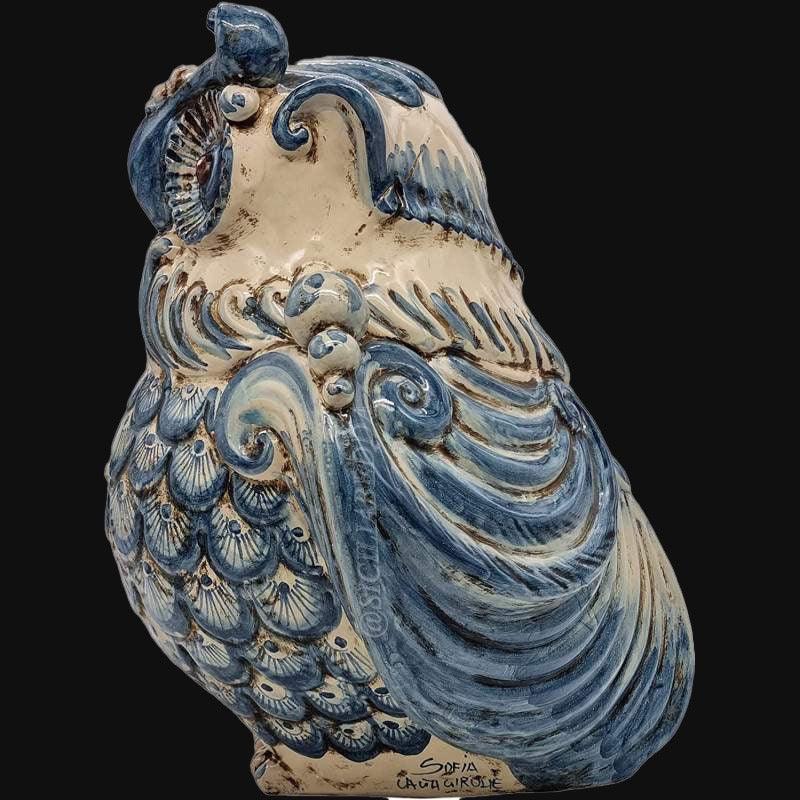 Gufo, Mono Blu, crema con dettagli artistici. Ceramiche Sofia, Caltagirone