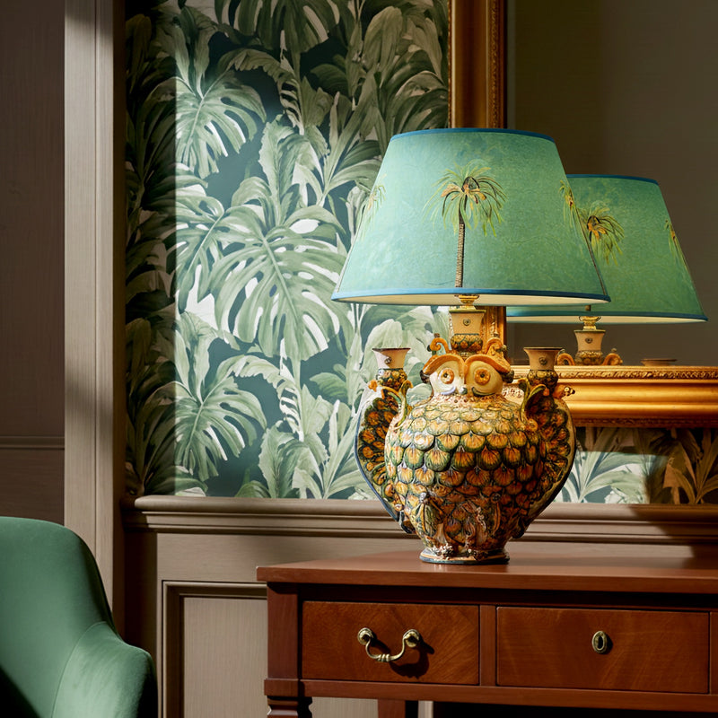 Lume a Gufo con Portacandele in Ceramica di Caltagirone h 60 cm - Coda Pavone, Verde e Arancio