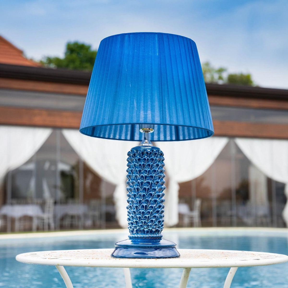 Lume Pigna Cilindro, Blu Intenso, paralume coordinato. Ceramiche Sofia, Caltagirone