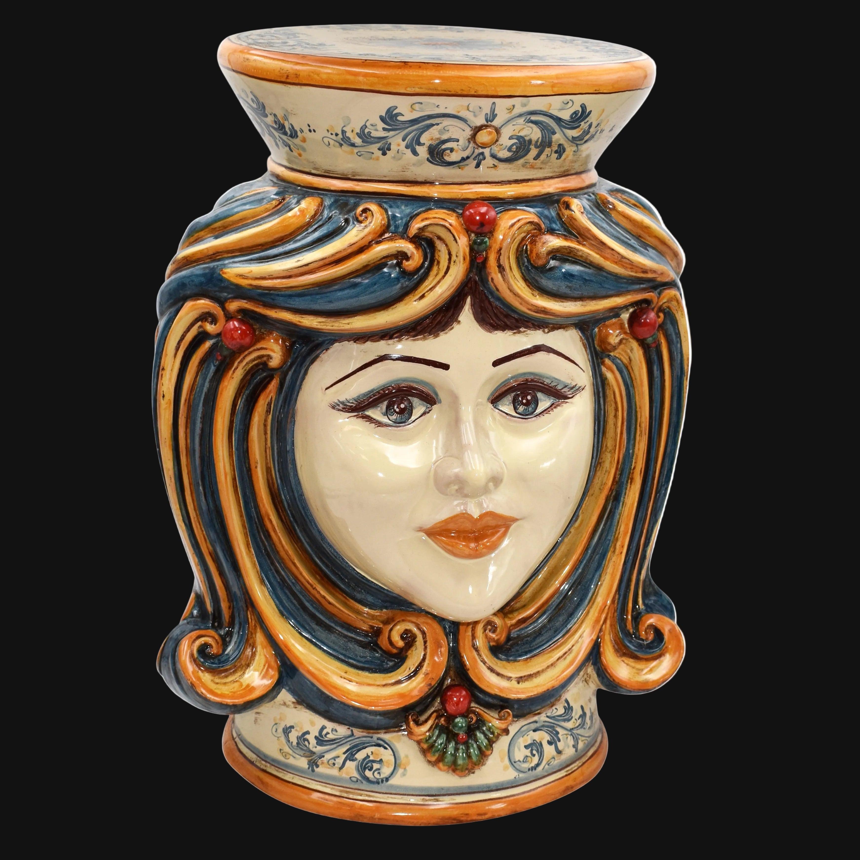 Pouf a Testa con seduta, Decoro in blu e arancio femmina, decoro barocco, volto. Ceramiche Sofia, Caltagirone