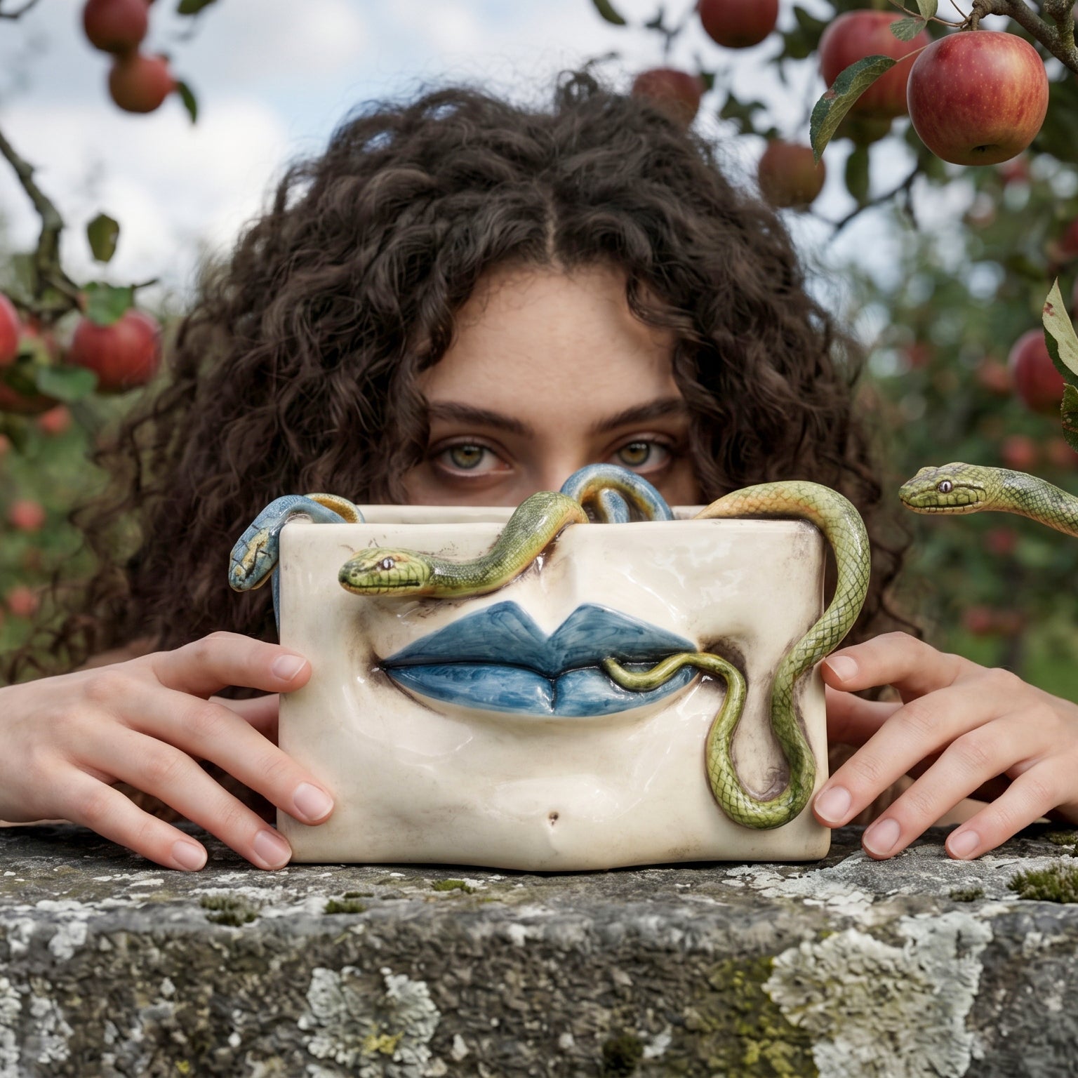 Scatola Medusa, Labbra Blu e Serpenti Applicati, Madreperla Antichizzato. Ceramica siciliana di Caltagirone, Sofia
