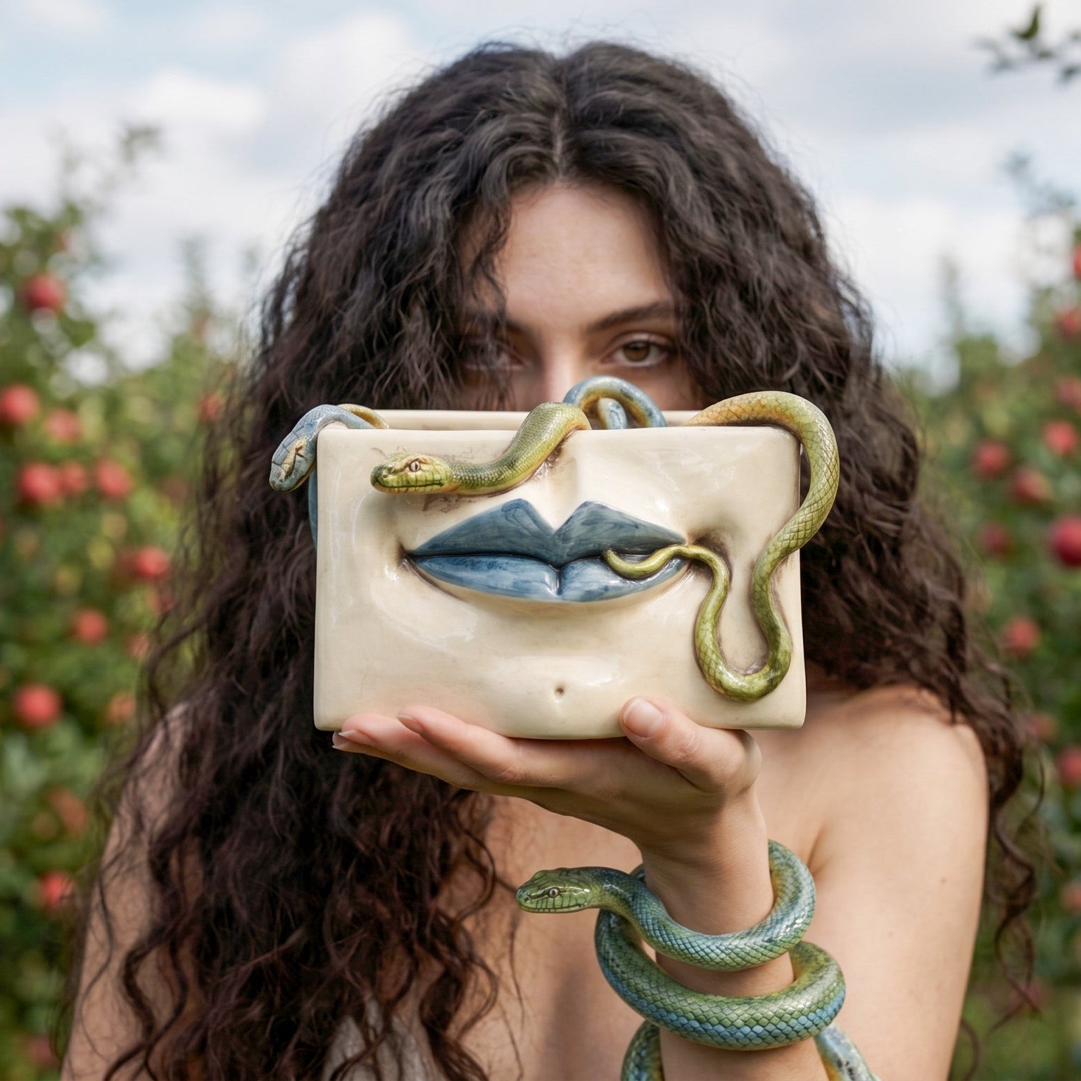 Scatola Medusa, Labbra Blu e Serpenti Applicati, Madreperla Antichizzato. Ceramica siciliana di Caltagirone, Sofia