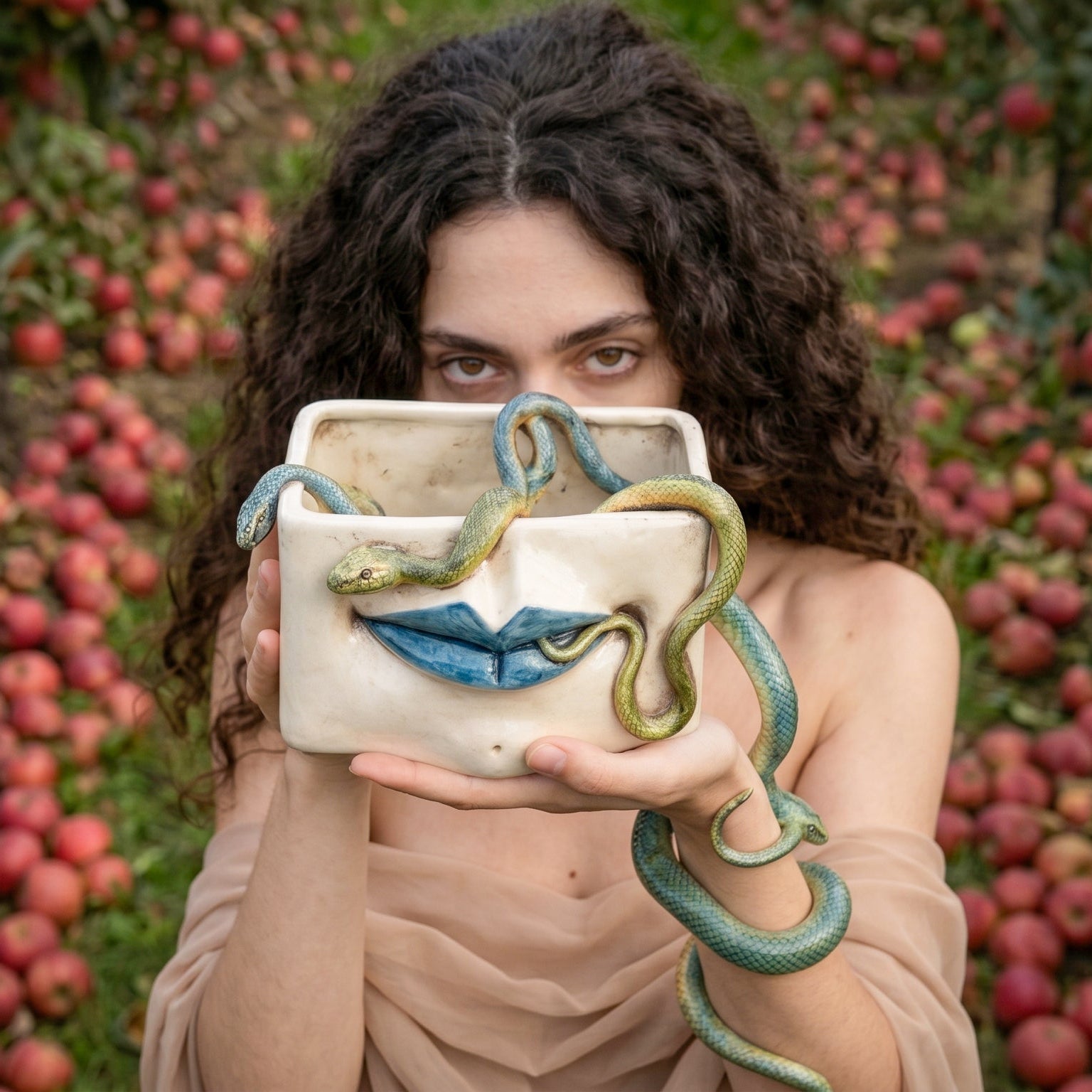 Scatola Medusa, Labbra Blu e Serpenti Applicati, Madreperla Antichizzato. Ceramica siciliana di Caltagirone, Sofia
