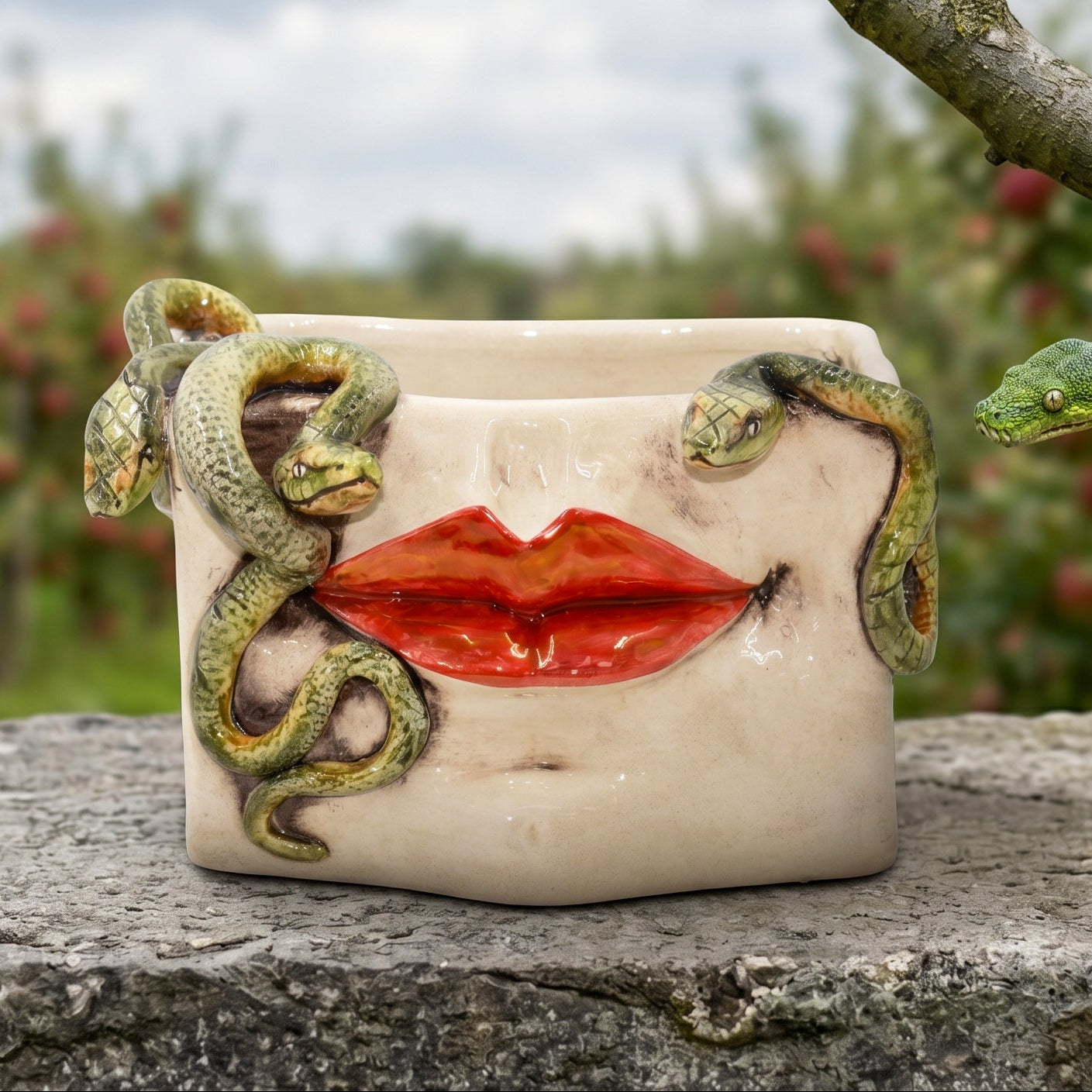 Scatola Medusa, Labbra Oro e Lustri, Serpenti Applicati, Madreperla Antichizzato. Ceramiche Sofia, Caltagirone