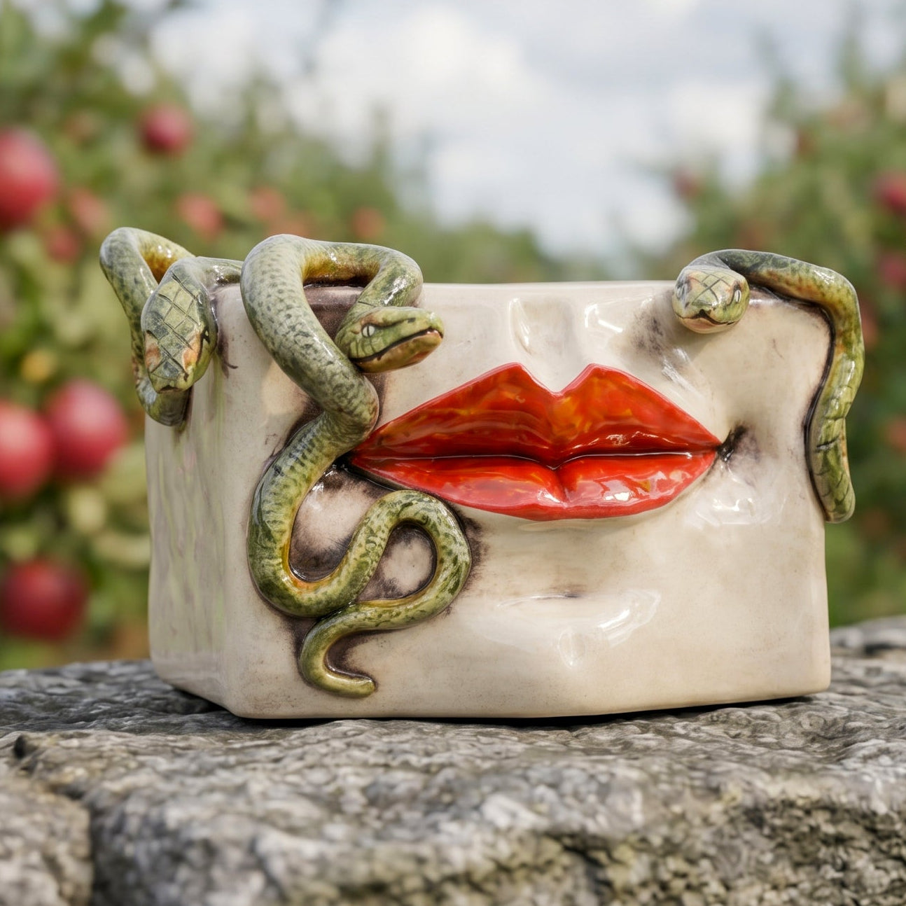 Scatola Medusa, Labbra Oro e Lustri, Serpenti Applicati, Madreperla Antichizzato. Ceramiche Sofia, Caltagirone