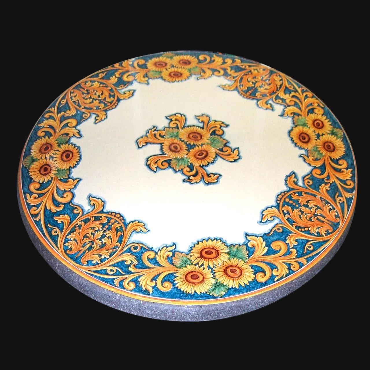 Tavolo in Pietra Lavica di Caltagirone, Decoro Girasoli, girasoli e decori blu e arancioni. Ceramiche Sofia, Caltagirone