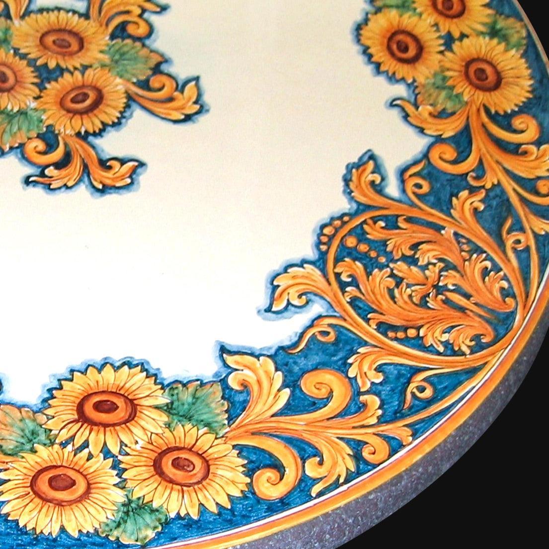 Tavolo in Pietra Lavica di Caltagirone, Decoro Girasoli, girasoli e decori floreali colorati. Ceramiche Sofia, Caltagirone