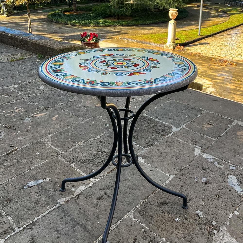 Tavolo in Pietra Lavica di Caltagirone, Decoro Sicily, decori colorati e gambe in ferro battuto. Ceramiche Sofia, Caltagirone