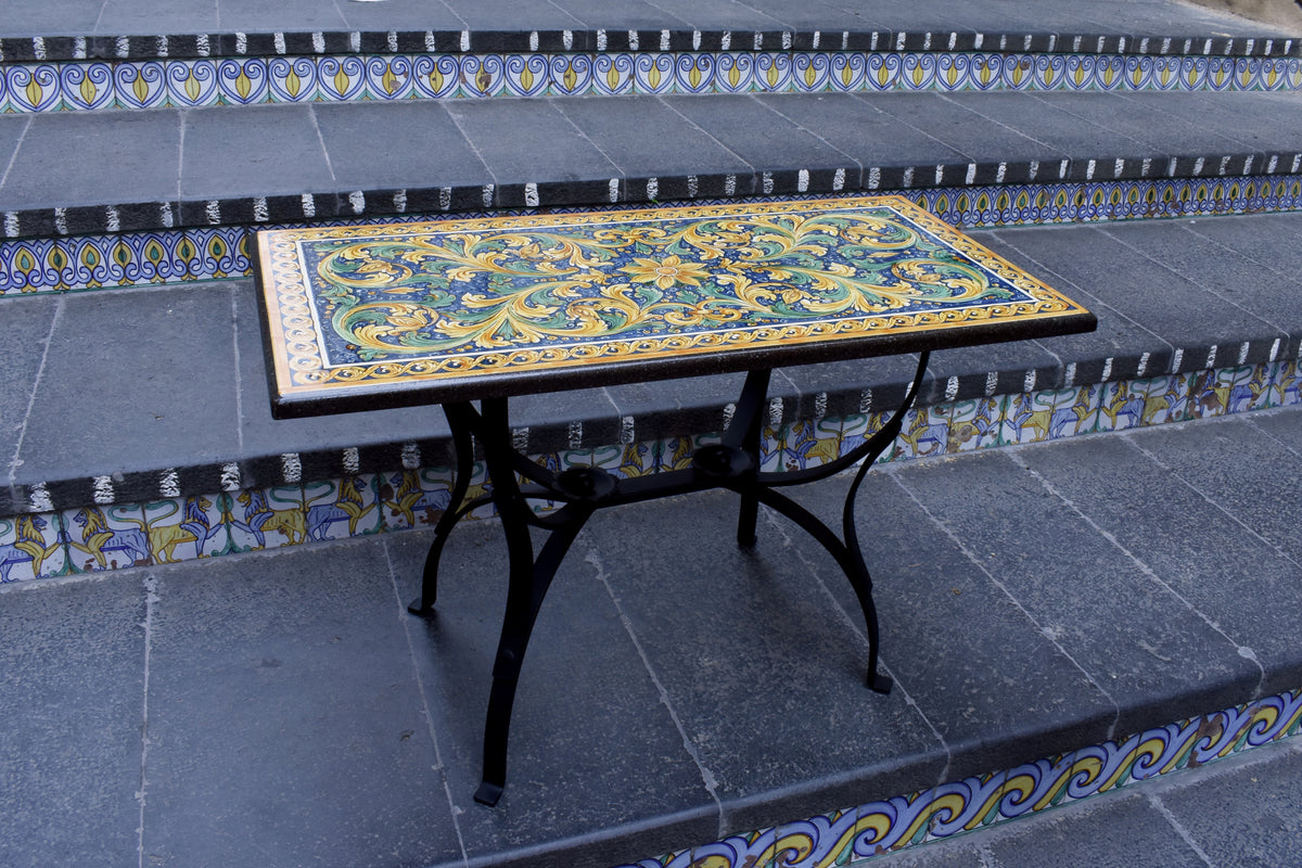 Tavolo in pietra lavica rettangolare cm 75x115 - Decoro ornato calatino - Ceramiche di Caltagirone Sofia