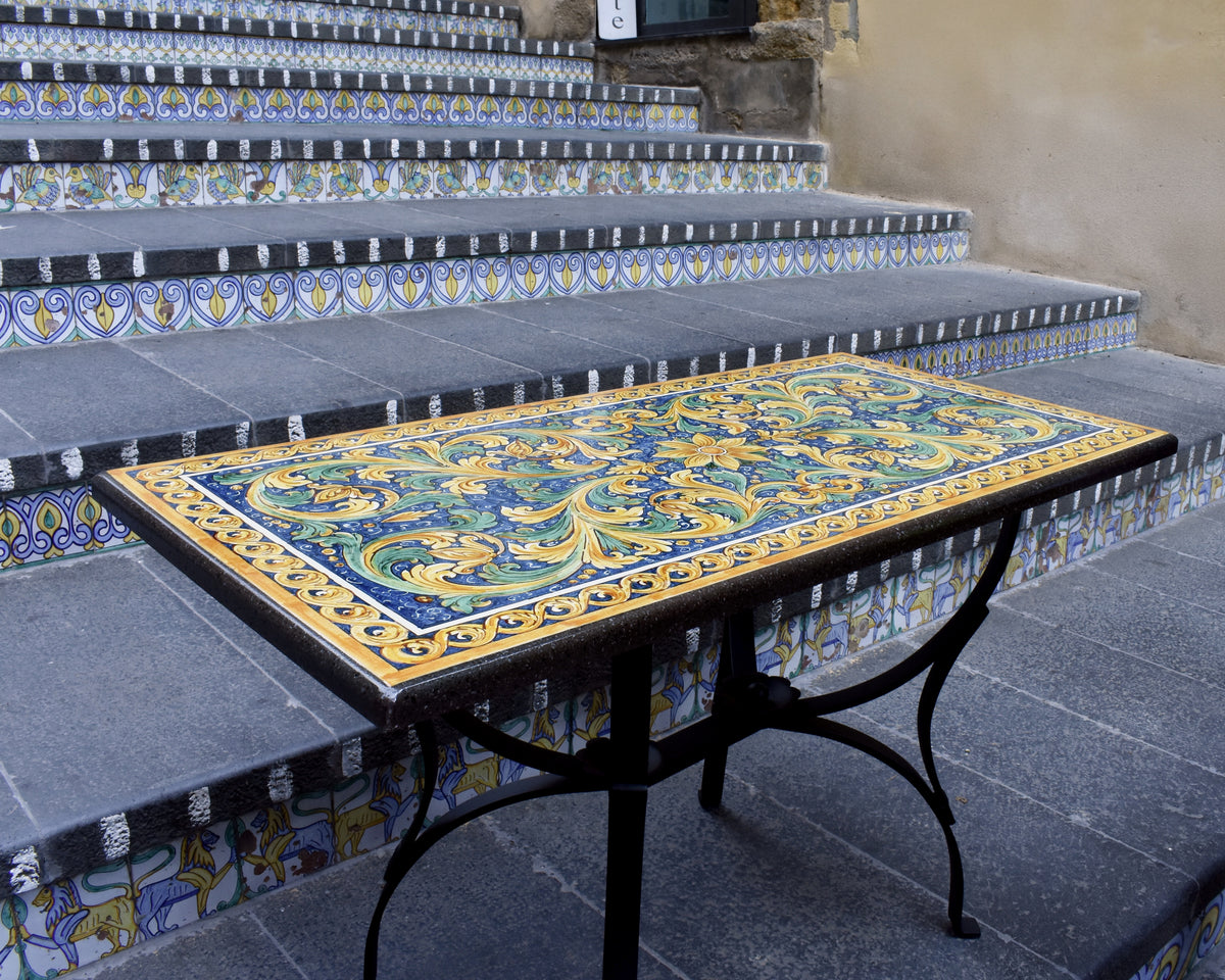 Tavolo in pietra lavica rettangolare cm 75x115 - Decoro ornato calatino - Ceramiche di Caltagirone Sofia