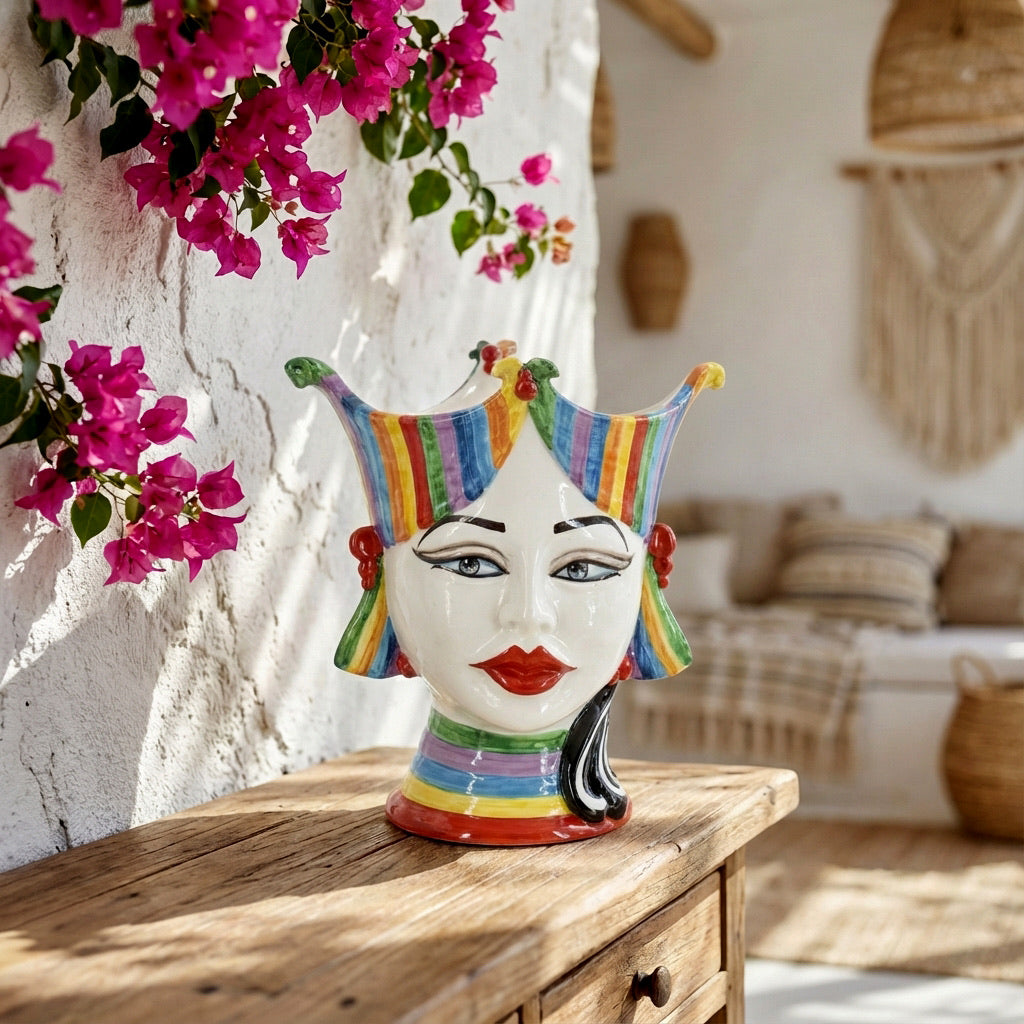 Testa di Moro "Aisha" 25 cm White and Color - Viso di Donna in Ceramica Siciliana - Ceramiche di Caltagirone Sofia