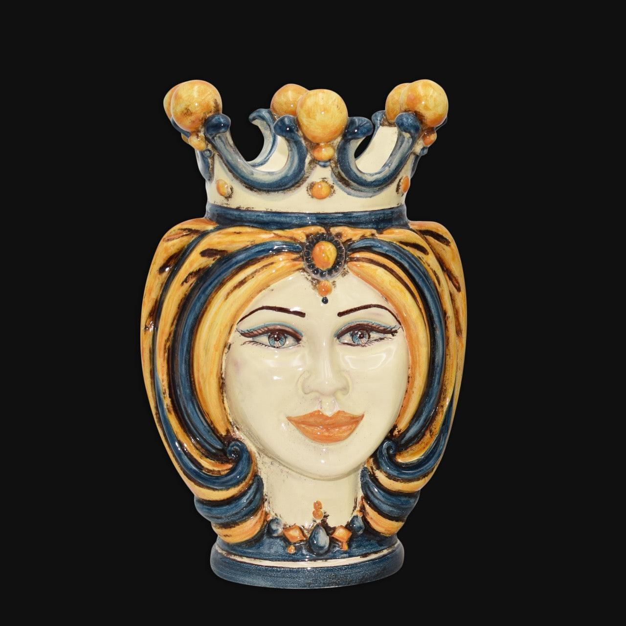 Testa di Moro con Turbante, Donna, Blu e Arancio, corona e capelli e gialli. Ceramica siciliana di Caltagirone, Sofia