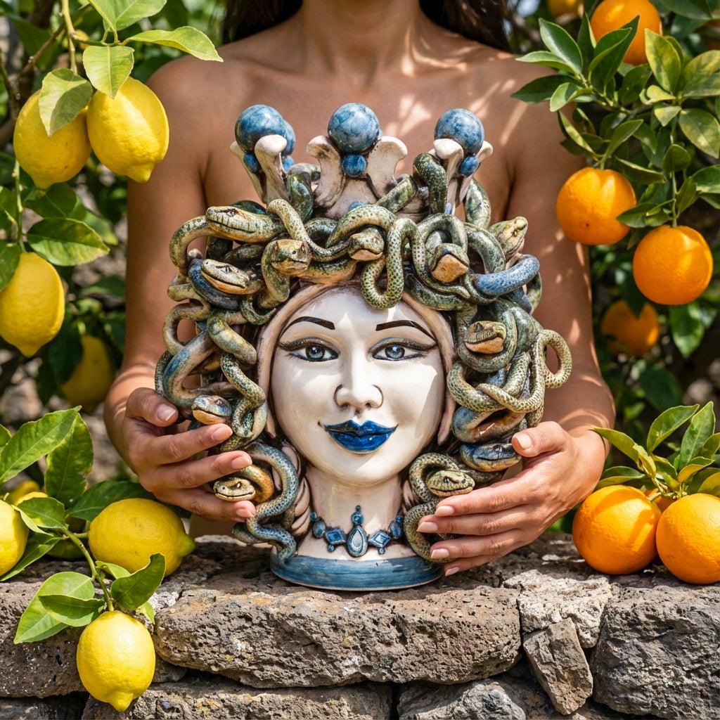 Testa h 25 turbante medusa madreperla colorato perline blu - Ceramiche di Caltagirone Sofia