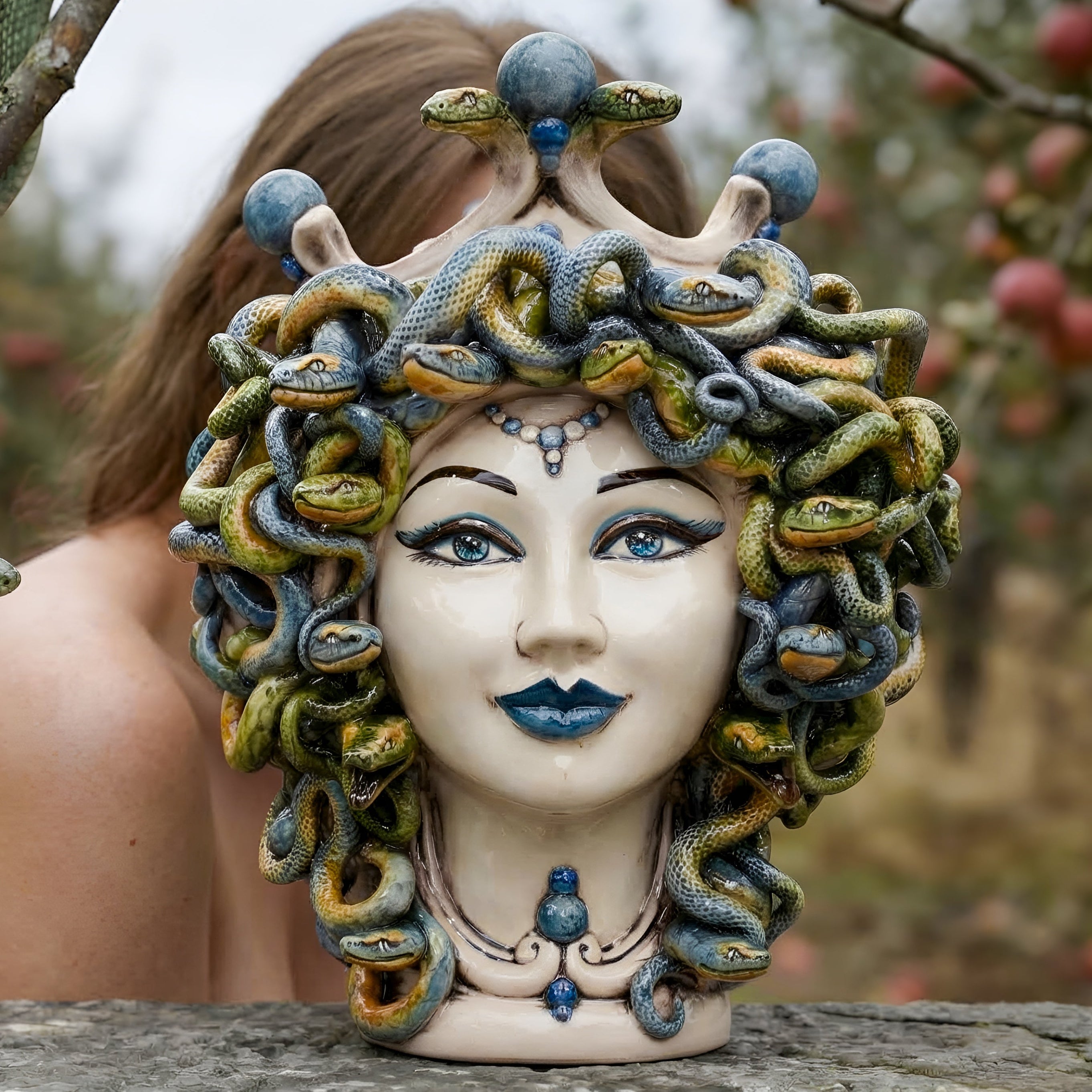 Testa Medusa, Madreperla Antichizzato, Perline Blu, chioma di serpenti. Ceramica siciliana di Caltagirone, Sofia
