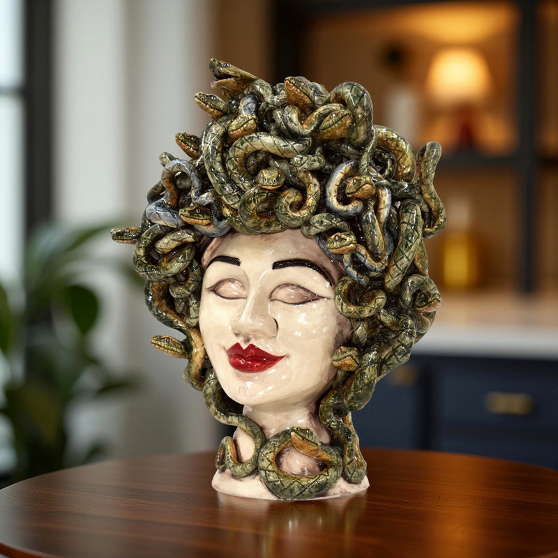 Testa Medusa h 40 cm - Madreperla, Labbra Rosse | Ceramica Caltagirone