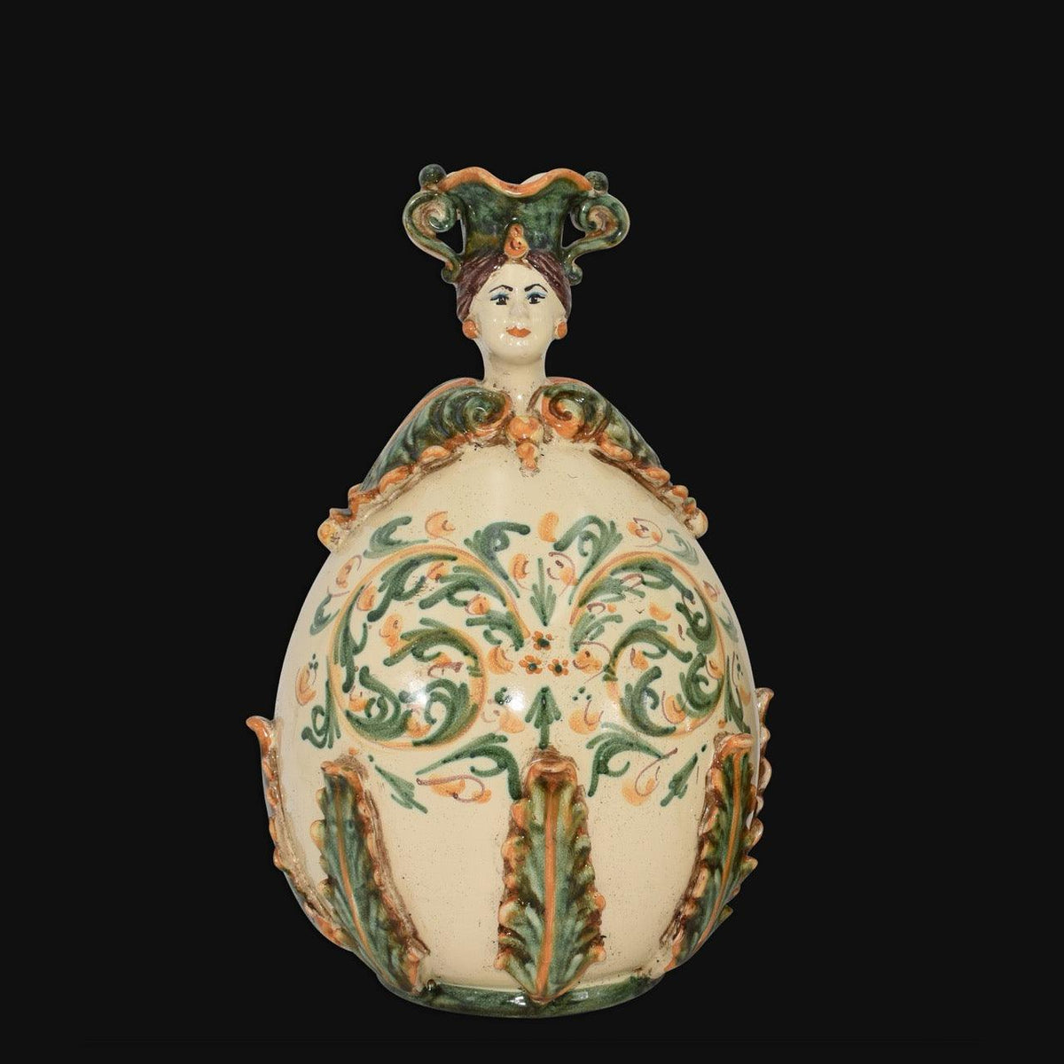 Uovo a Personaggio Femmina, Plastico Sofia, Verde e Arancio. Ceramica siciliana di Caltagirone