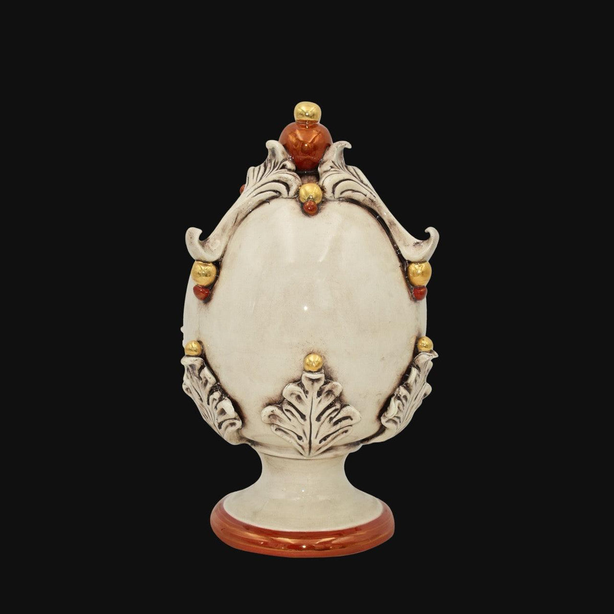Uovo Decorativo, Madreperla Oro e Lustri, foglie e sfere colorate. Ceramiche Sofia, Caltagirone