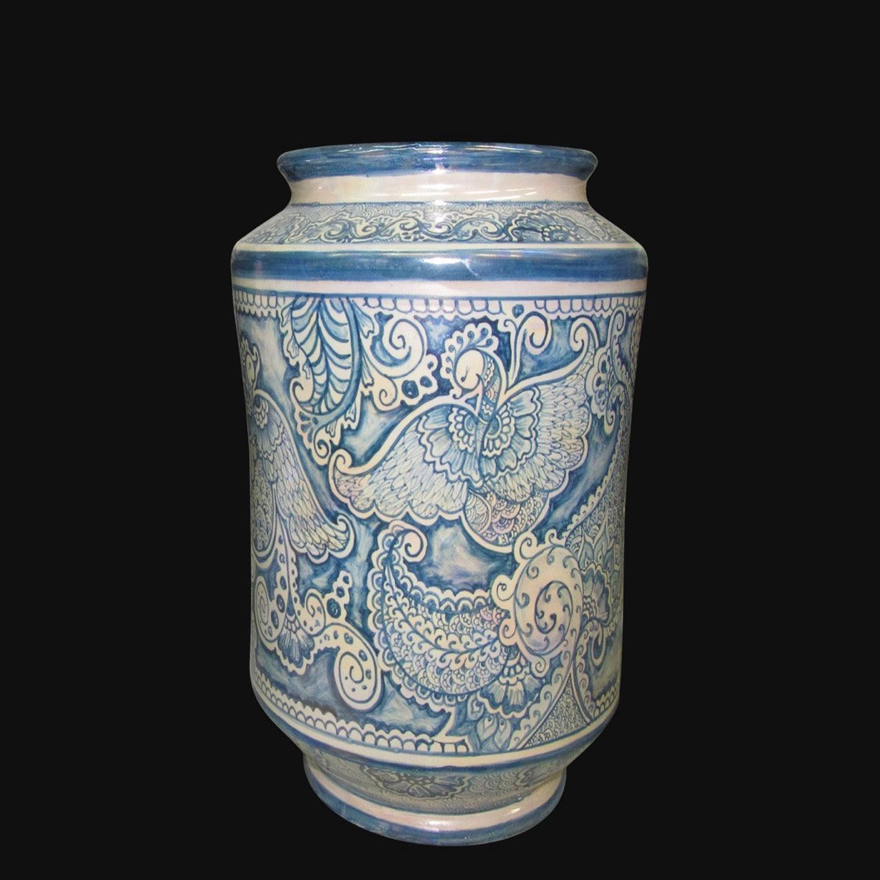 Vaso a Cilindro, Linea Masha, decori blu e bianchi. Ceramiche Sofia, Caltagirone