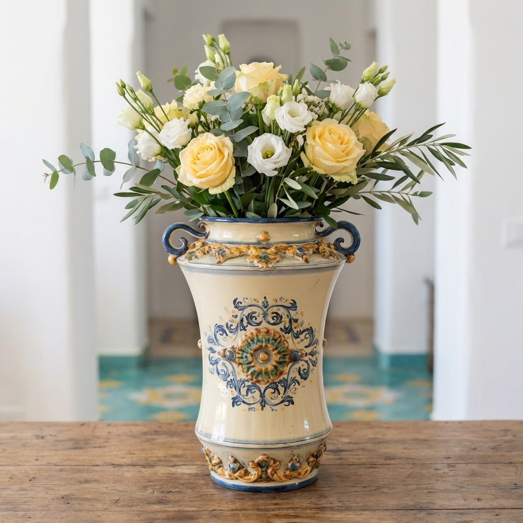 Vaso Albarello Ceramico con Manici in Blu e Arancio - Artigianato Siciliano di Caltagirone - Ceramiche di Caltagirone Sofia