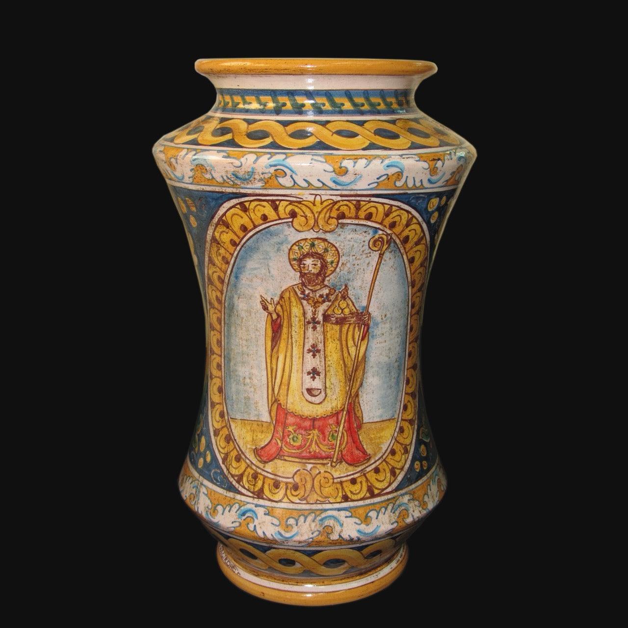 Vaso Albarello, Ornato Calatino con S. Nicola di Bari, decoro religioso e colori. Ceramica siciliana di Caltagirone, Sofia