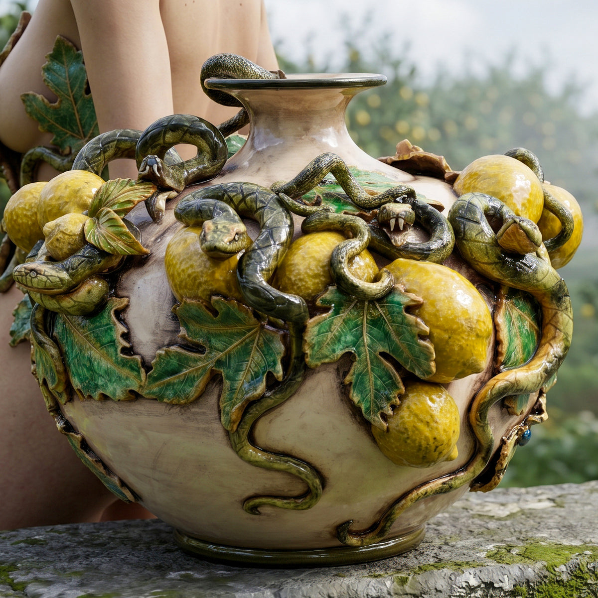 Vaso Boccia Eden con Limoni Applicati, Linea Giardini dell'Eden, Madreperla, foglie. Ceramiche Sofia, Caltagirone