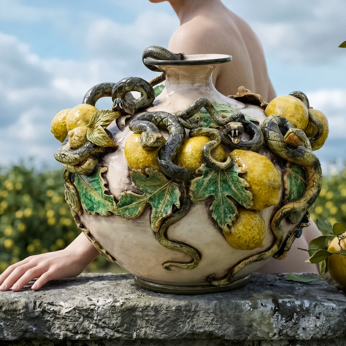 Vaso Boccia Eden con Limoni Applicati, Linea Giardini dell'Eden, Madreperla, foglie. Ceramiche Sofia, Caltagirone
